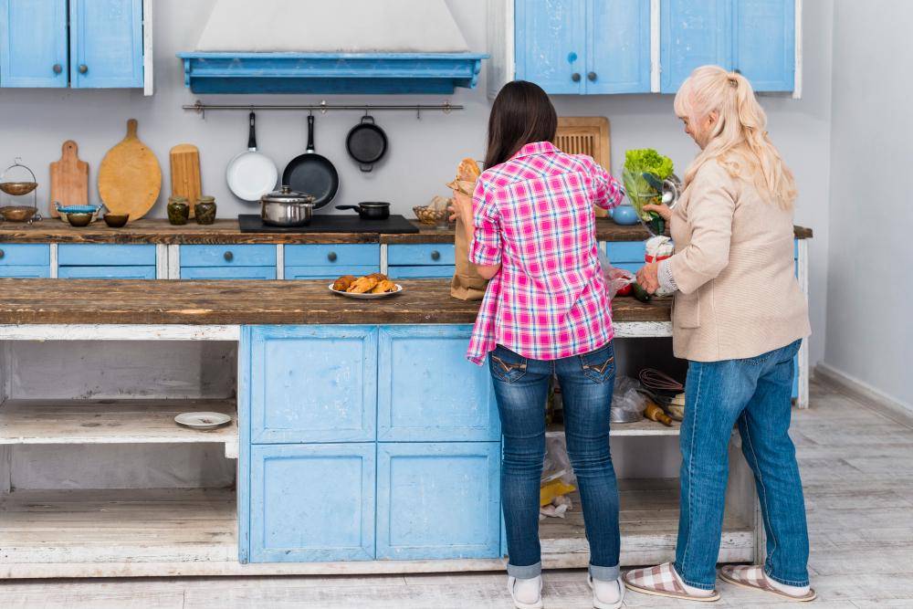 ilustrasi kabinet dapur berwarna biru muda