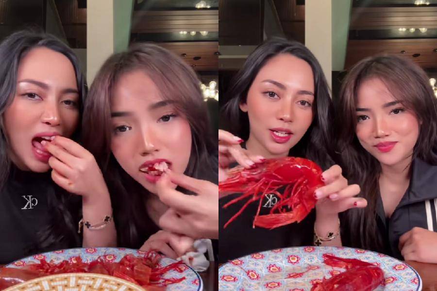 Tangkapan layar video Rachel Vennya dan Fuji makan udang carabineros