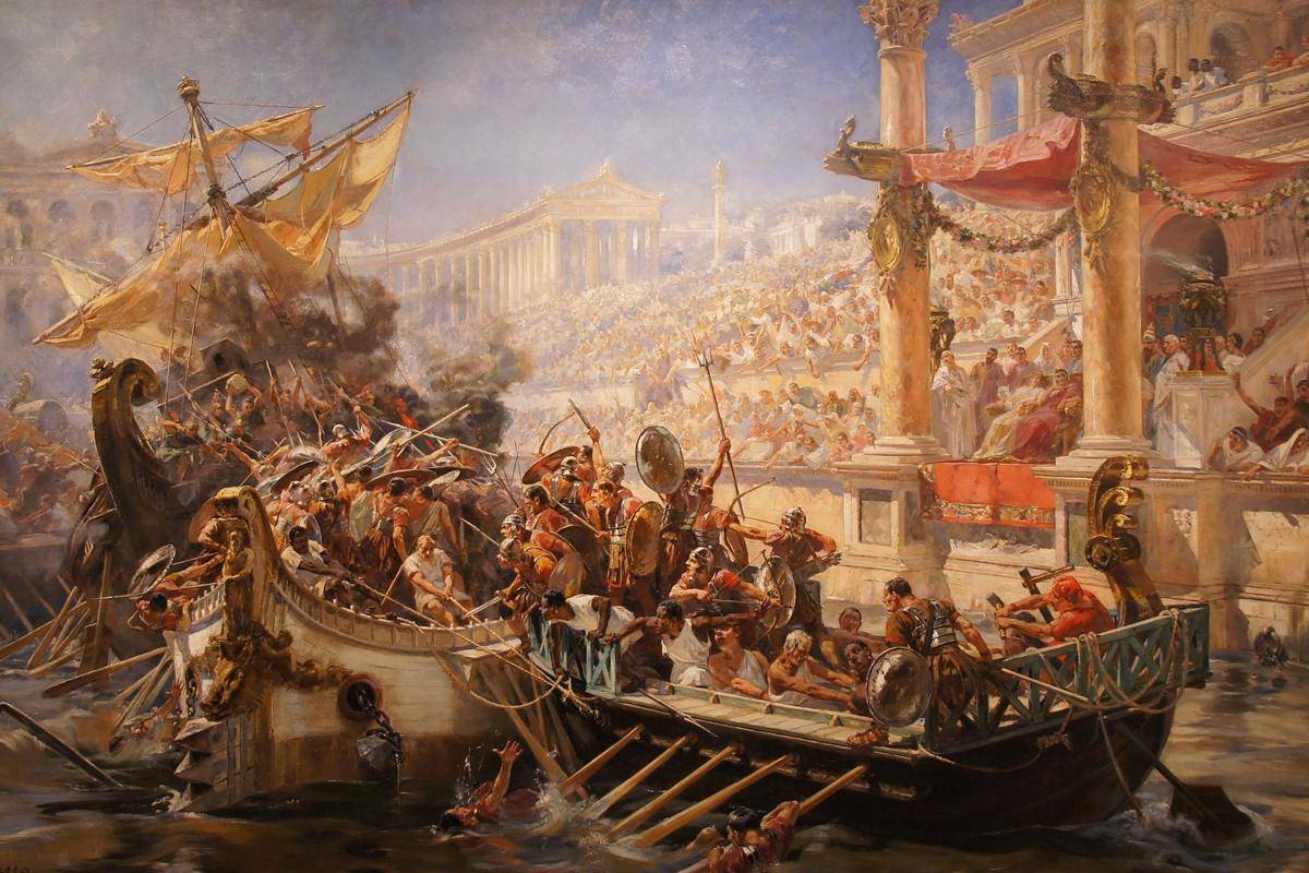 lukisan yang menggambarkan naumachia di dalam Colosseum.