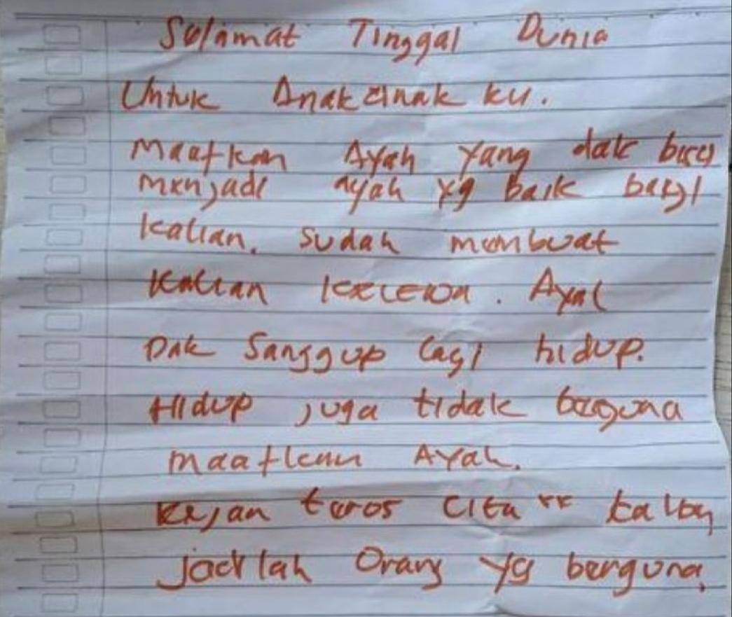 Surat wasiat yang ditinggalkan korban. (Dok. Polres Prabumulih)