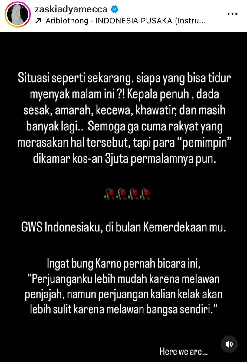 seleb suarakan kegeraman pascatragedi ojol dilindas aparat (instagram.com/zaskiadyamecca)