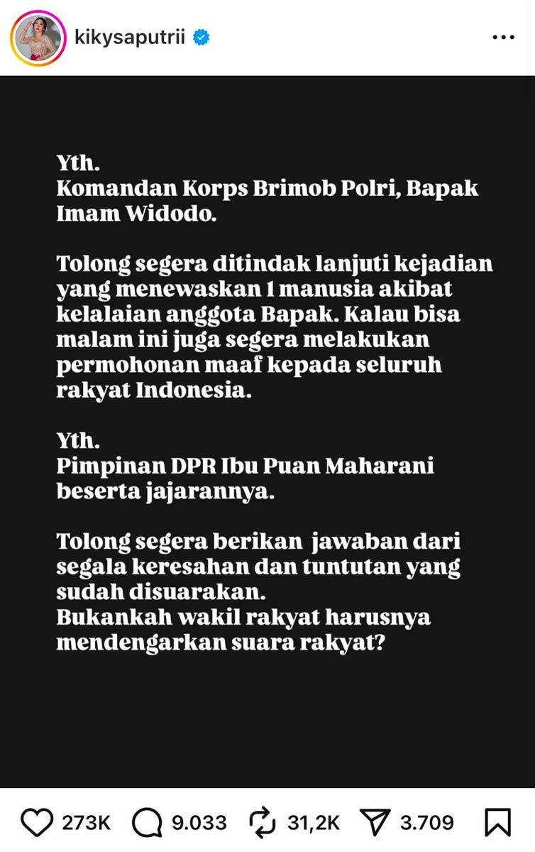 seleb suarakan kegeraman pascatragedi ojol dilindas aparat (instagram.com/kikysaputrii)