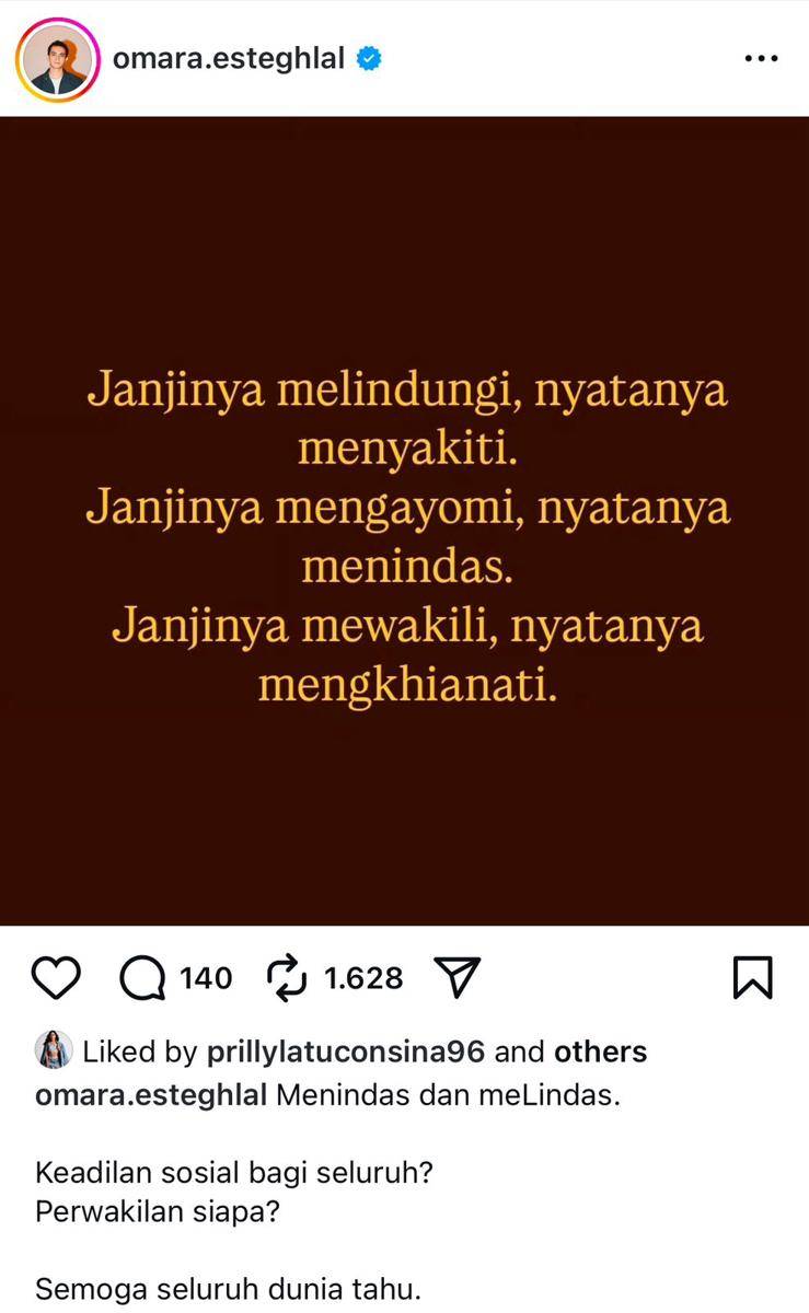 seleb suarakan kegeraman pascatragedi ojol dilindas aparat (instagram.com/omara.esteghlal)