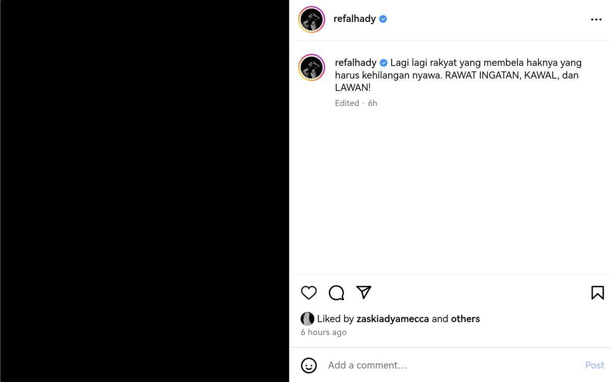seleb suarakan kegeraman pascatragedi ojol dilindas aparat (instagram.com/refalhady)