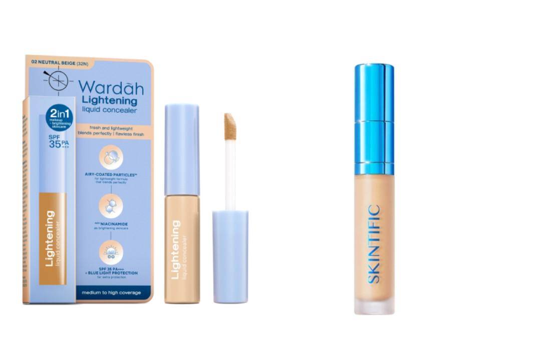 Wardah Lightening Liquid Concealer Natural Beige dan Skintific Cover Perfect Serum Concealer Warm Almond (wardahbeauty.com/Wardah Lightening Liquid Concealer Natural Beige | watsons.co.id/Skintific Cover Perfect Serum Concealer Warm Almond)