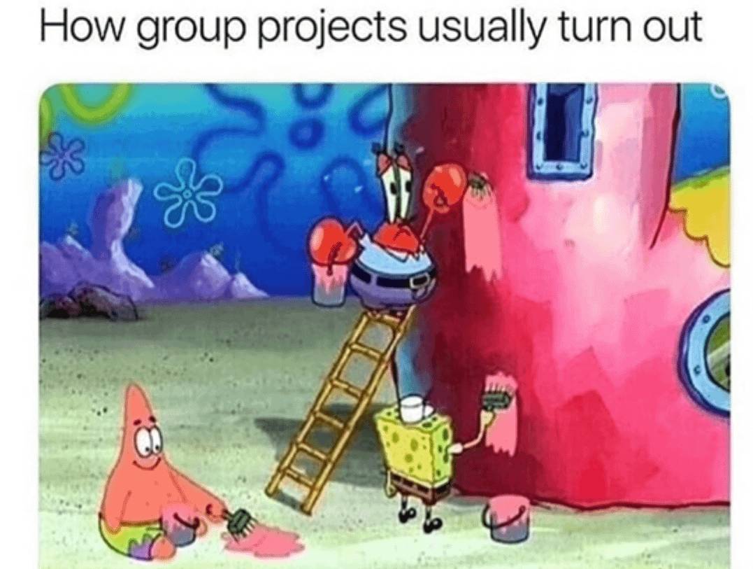 meme SpongeBob tentang keluh kesah kerja kelompok