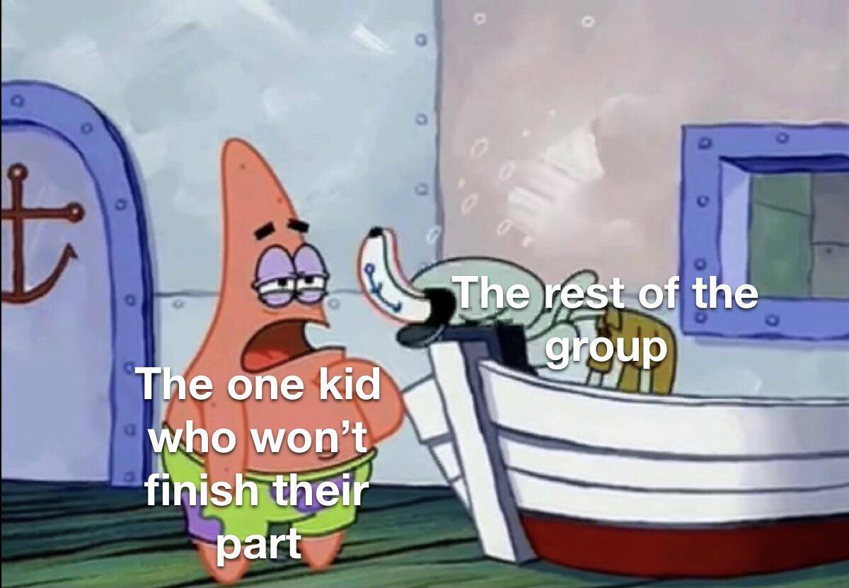meme SpongeBob tentang keluh kesah kerja kelompok