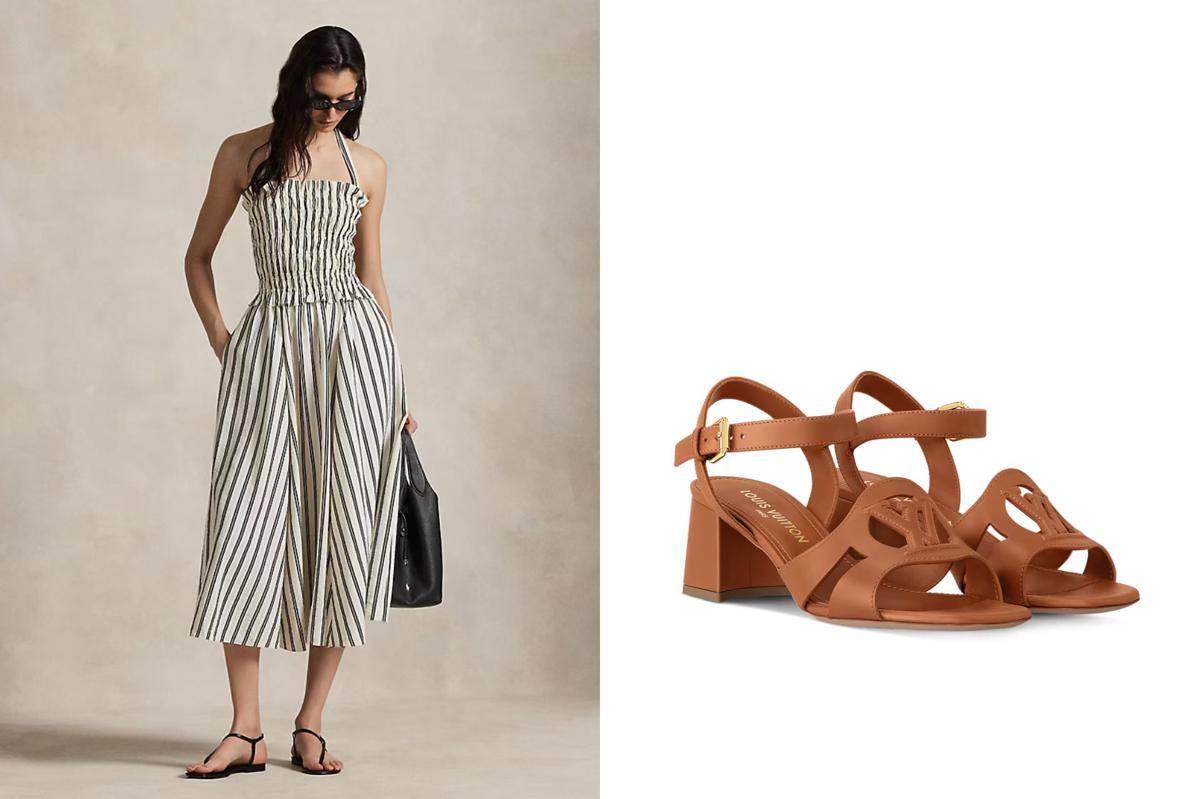 Striped silk blend dress dari Ralph Lauren dan LV Isola Sandals dari Louis Vuitton (ralphlauren.com) | (us.louisvuitton.com)