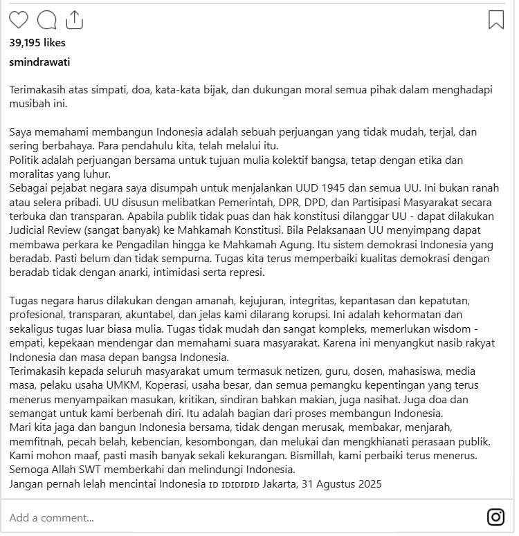 Menteri Keuangan Sri Mulyani buka suara terkait rumahnya yang dijarah. (Dok/Screenshot Instagram@smindrawati).
