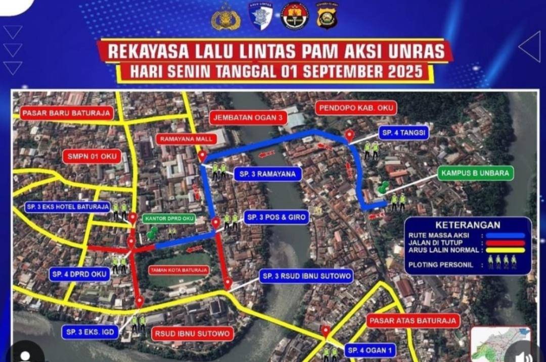Rekayasa lalulintas di Baturaja OKU selama aksi unjuk rasa. (Dok. Polres Oku)