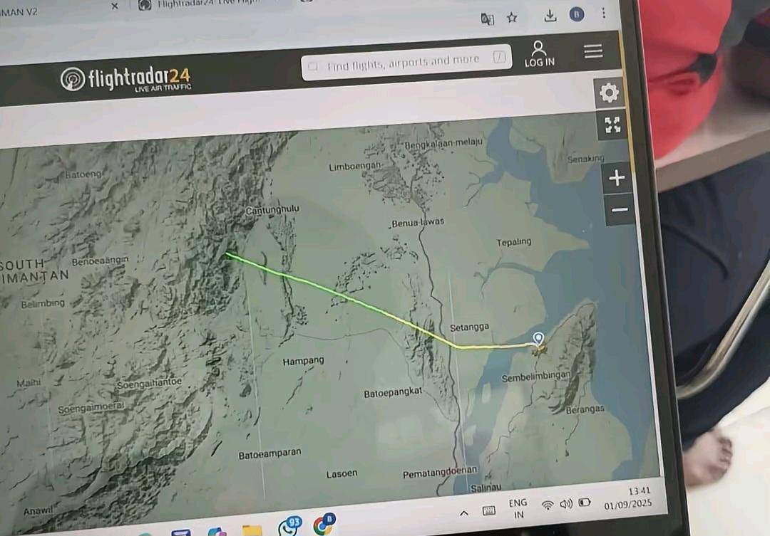 Titik terakhir helikopter jenis BK117-D3 milik PT Eastindo Air terdeteksi lalu hilang kontak di wilayah Kecamatan Mantewe, Kabupaten Tanah Bumbu, Kalimantan Selatan (Kalsel), Senin (1/9/2025). (istimewa)