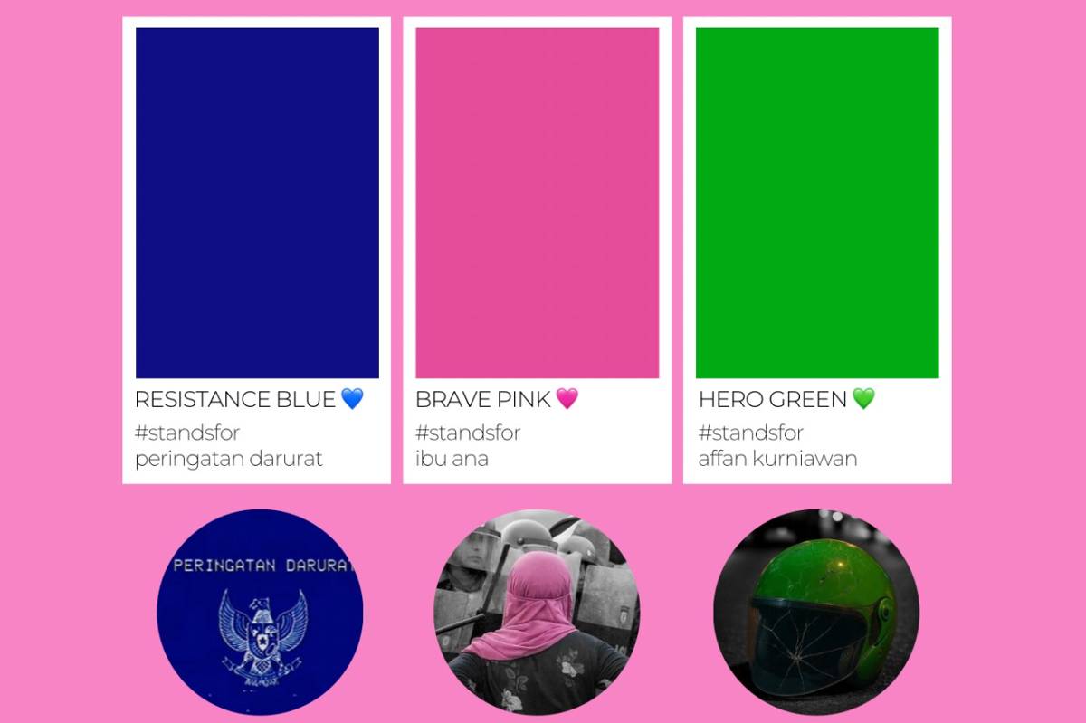 Palet warna Resistance Blue, Brave Pink, dan Hero Green