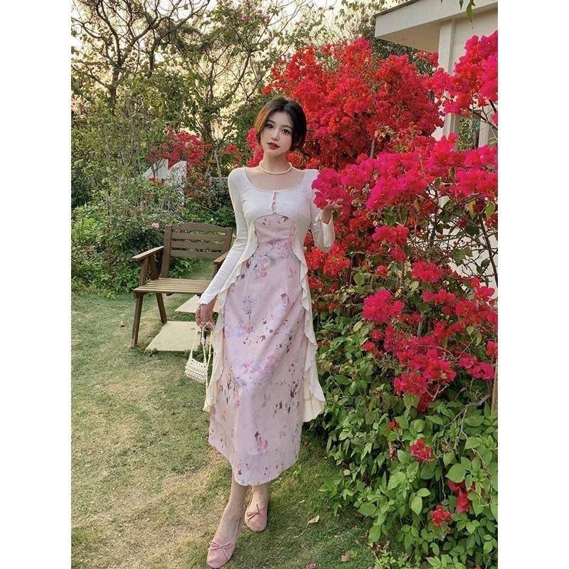 KOUYOO Baju Batik Wanita-Maxi Dress-Dress Vintage Flower Dress + Long Cardigan Suit Dress (shopee.co.id/Kouyoo Official Store)