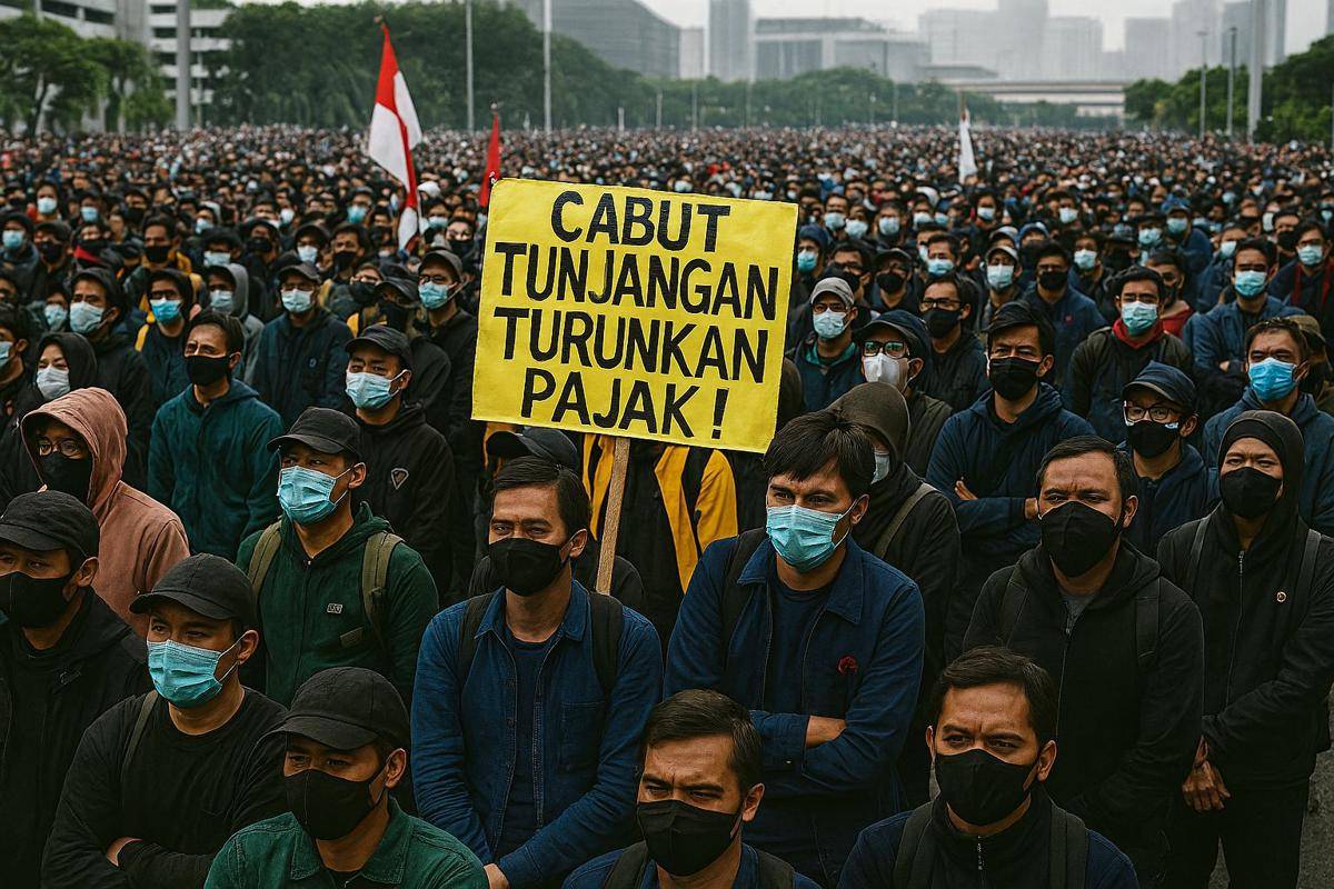 Aksi demonstrasi nasional di Jakarta dengan spanduk "Cabut Tunjangan, Turunkan Pajak!"