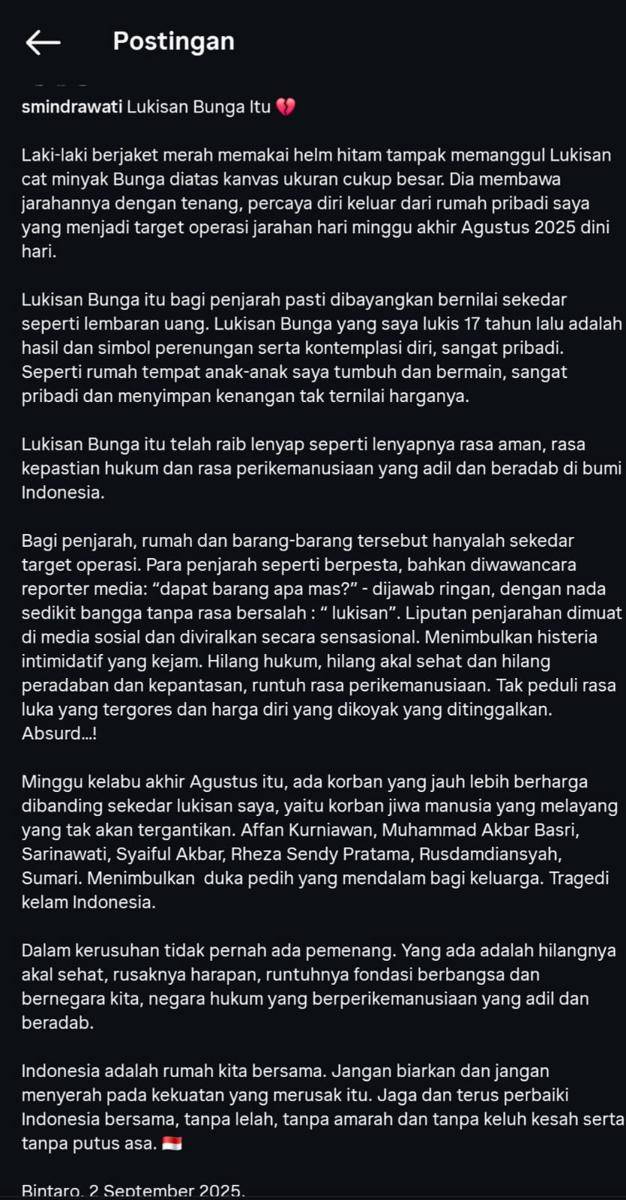 Sri Mulyani Kenang Lukisan Karya Pribadi yang Dijarah. (Dok/Instagram @smindrawati).