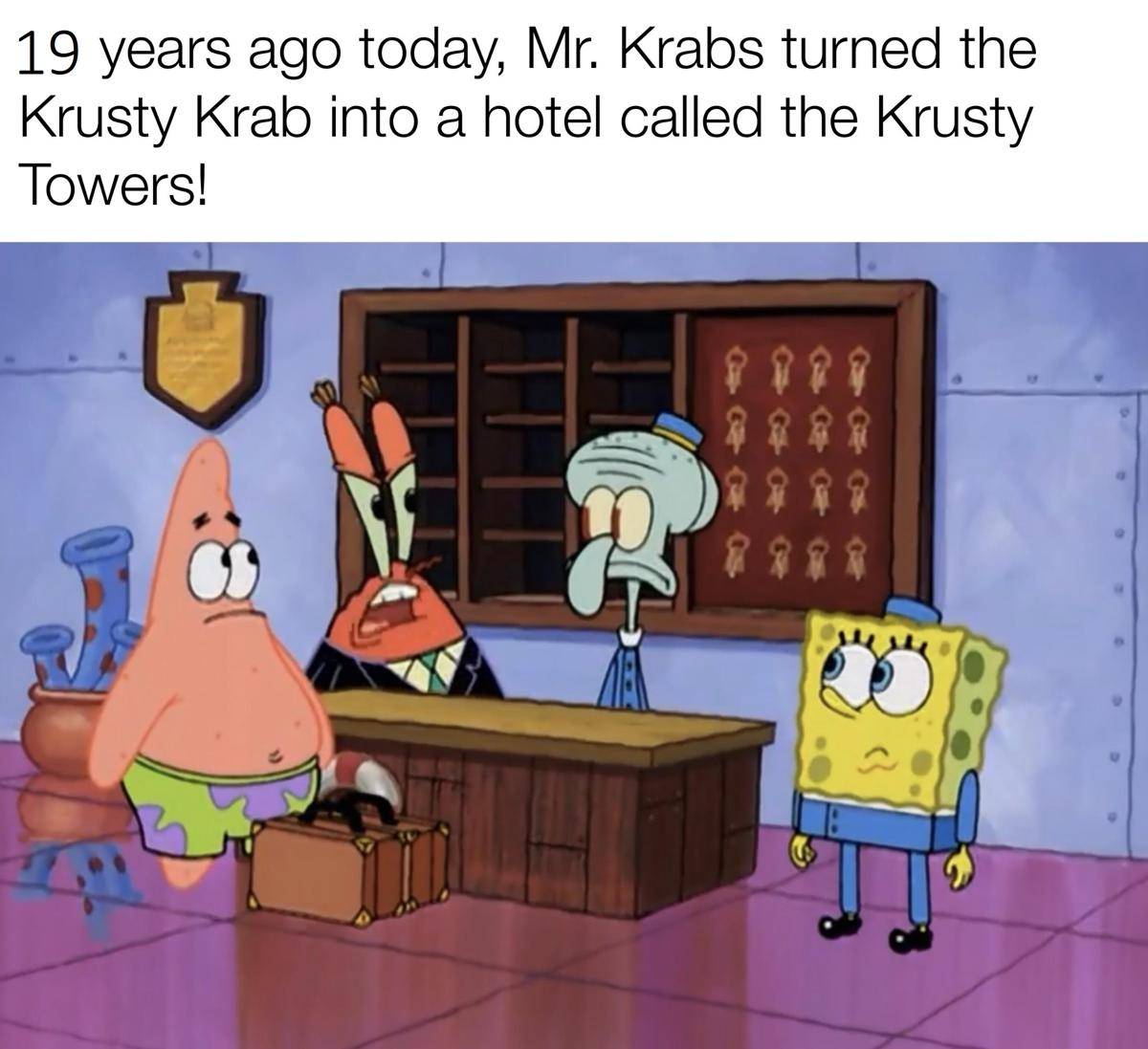 meme SpongeBob tentang hotel