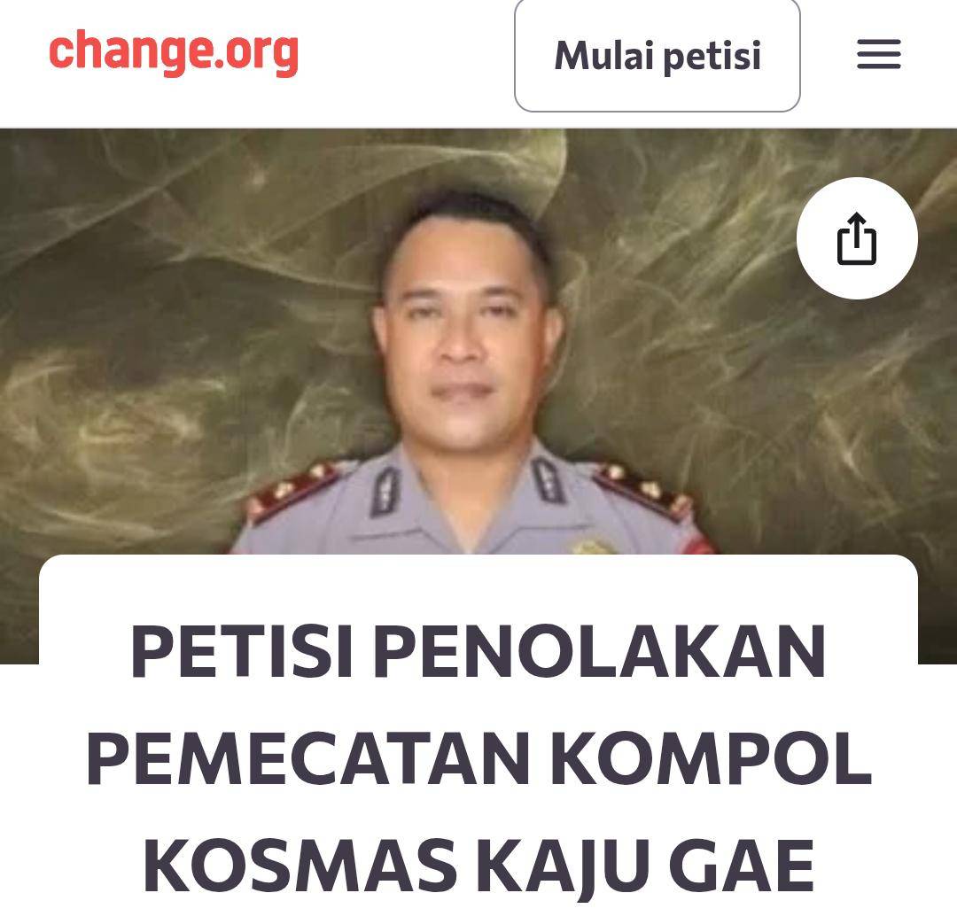 Tangkapan layar petisi online menentang pemecatan Kompol Kosmas Kaju Gae. (Dok Istimewa)