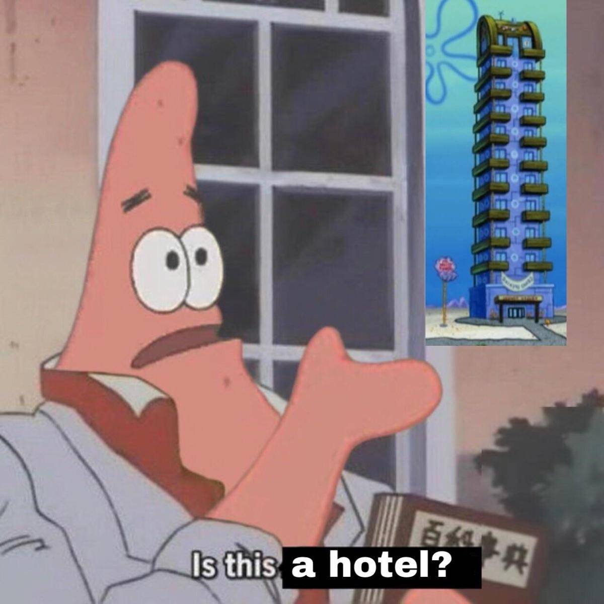 meme SpongeBob tentang hotel