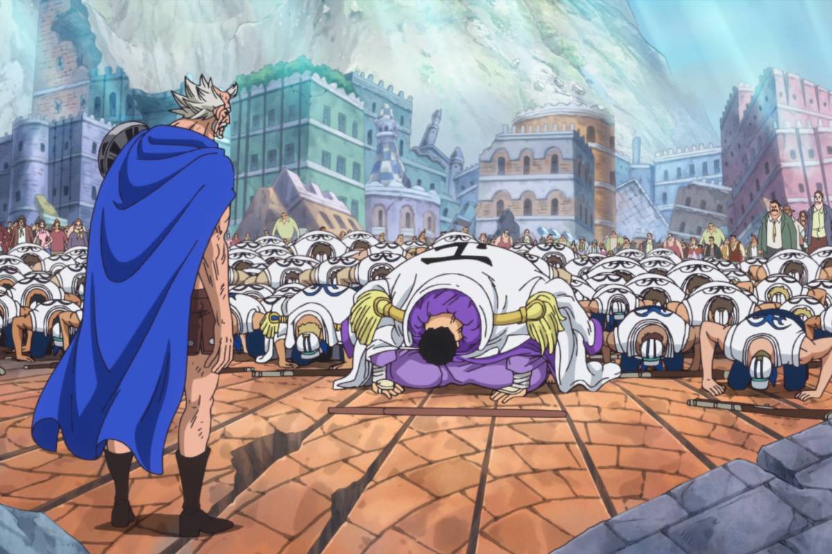 Fujitora meminta maaf pada Raja Riku. (dok. Toei Animation/One Piece)