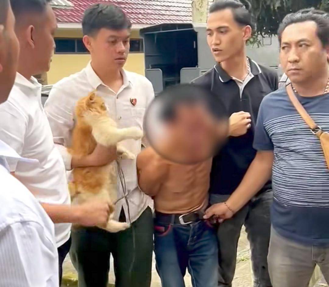 Pelaku penjagalan kucing saat ditangkap Saat Reskrim Polres Pagar Alam. (Dok. Polres Pagar Alam)