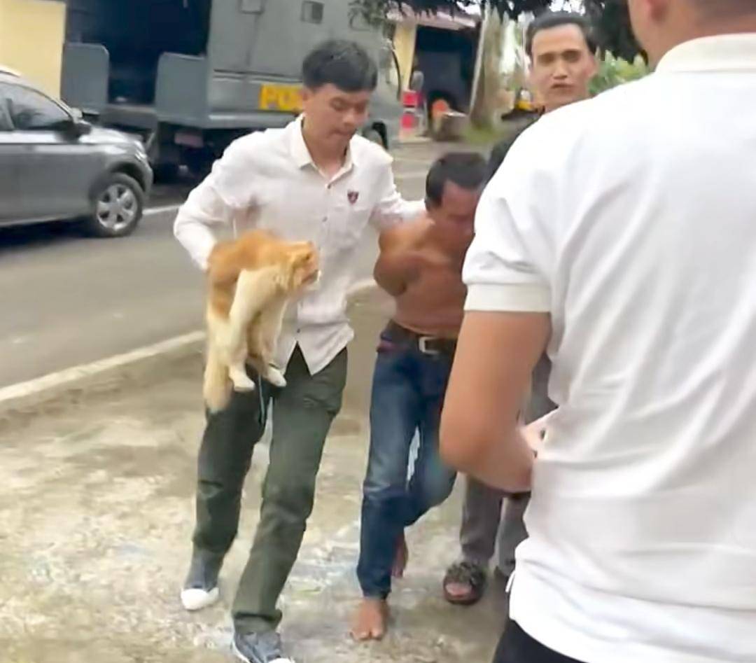 Pelaku penjagalan kucing saat ditangkap Saat Reskrim Polres Pagar Alam. (Dok. Polres Pagar Alam)