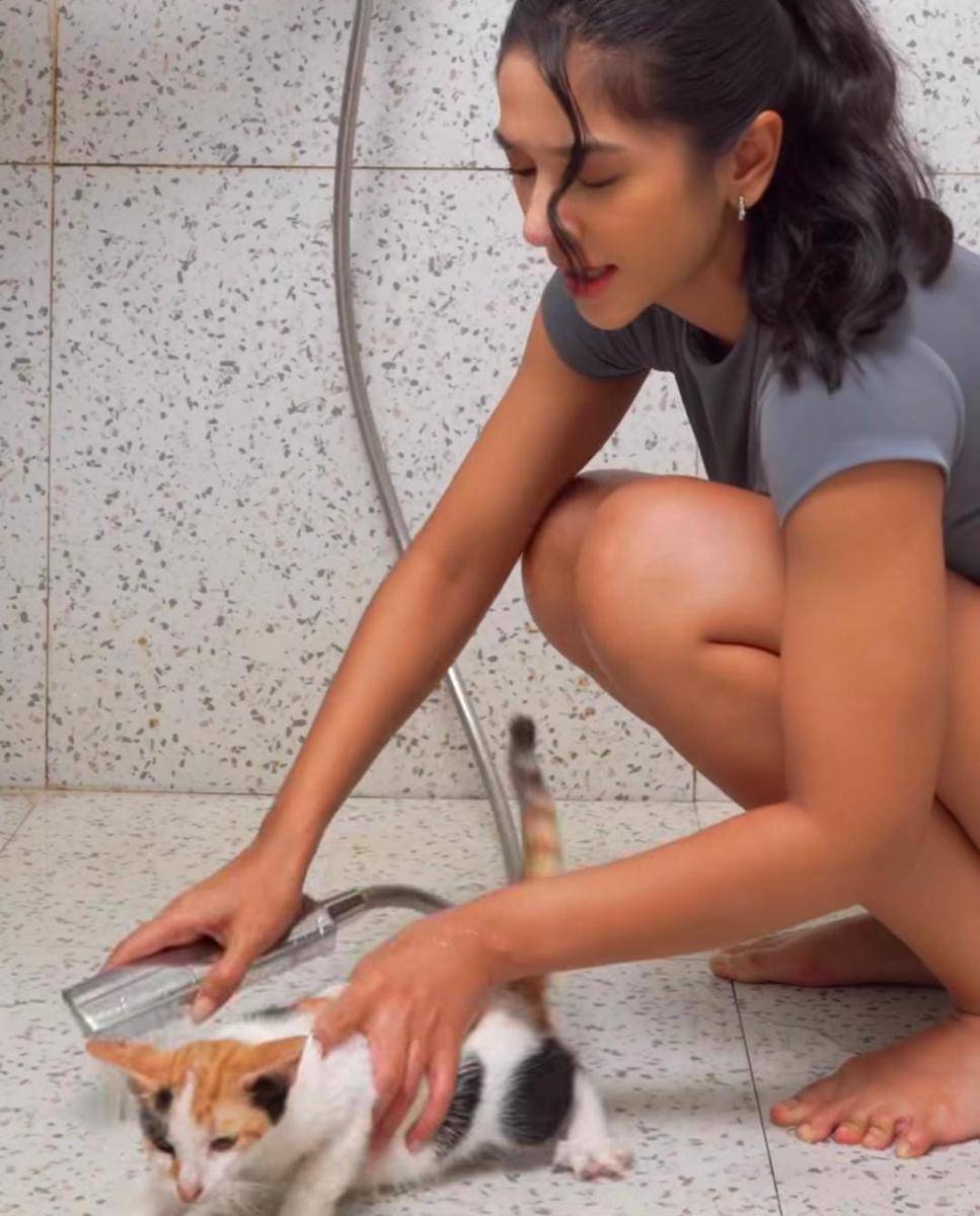 potret Fanny Ghassani mandiin kucing di rumah 