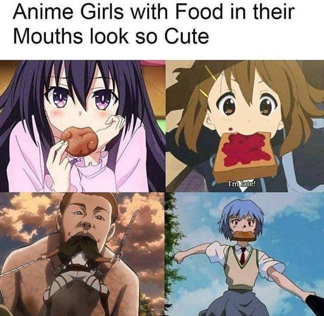 meme karakter anime dengan makanan di mulut