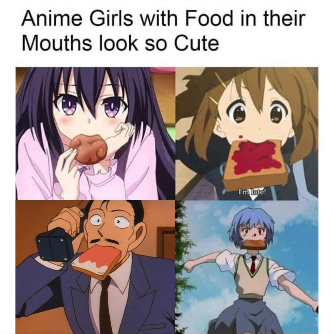meme karakter anime dengan makanan di mulut