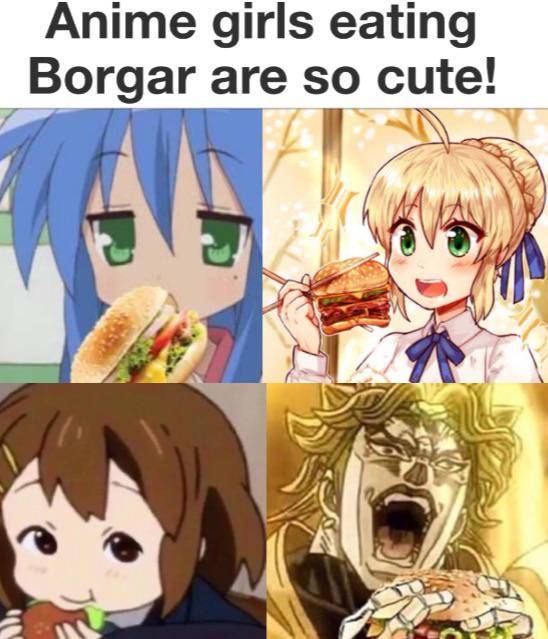 meme karakter anime dengan makanan di mulut