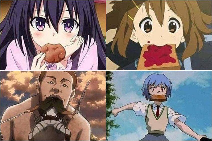meme karakter anime dengan makanan di mulut