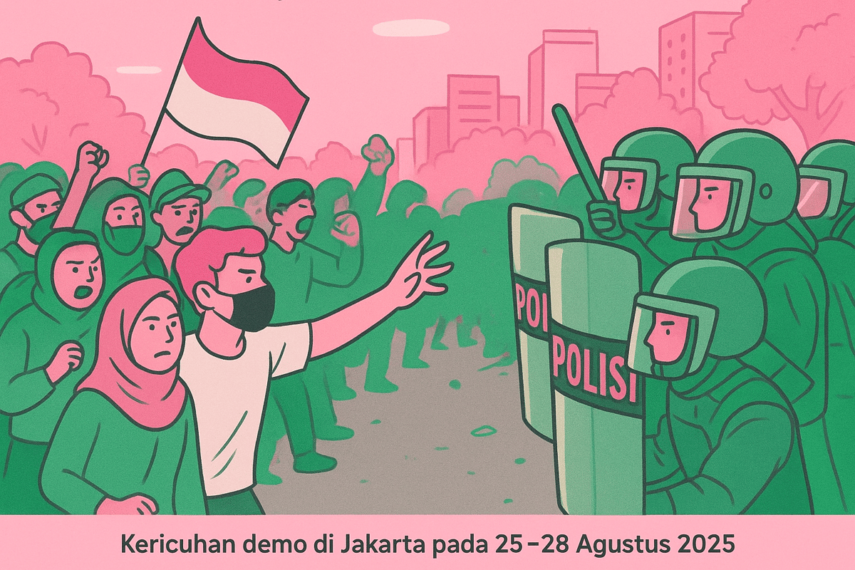 Ilustrasi kericuhan demo Agustus 2025 (Sumber gambar: AI Generated via ChatGPT, diolah penulis)