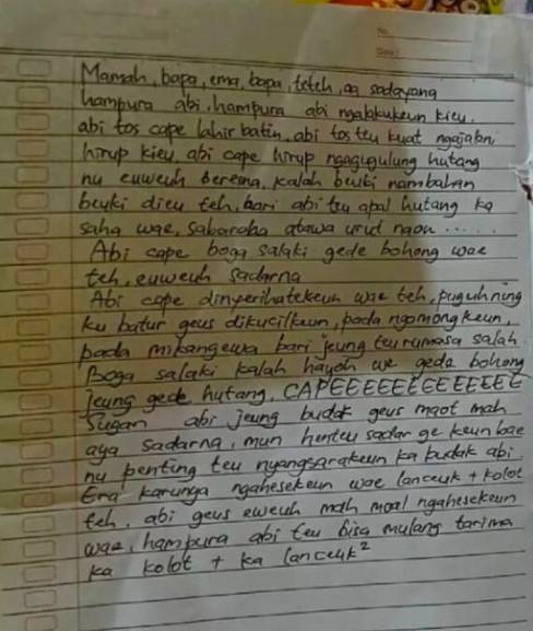 Tangkapan layar surat wasiat ibu yang mengakhiri hidupnya di Bandung (Instagram.com/bandungterkini)