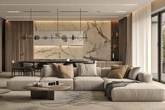 ide ruang tamu open space dekorasi marmer