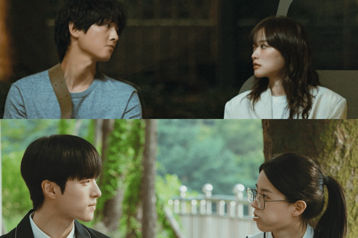 Dua pasangan muda saling menatap dalam dua adegan berbeda dari drama My Youth, menampilkan suasana emosional dan romantis.