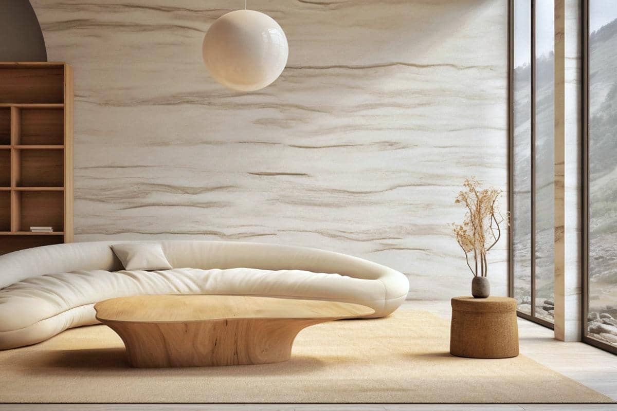 Ilustrasi desain ruang tamu scandinavian aksen marmer