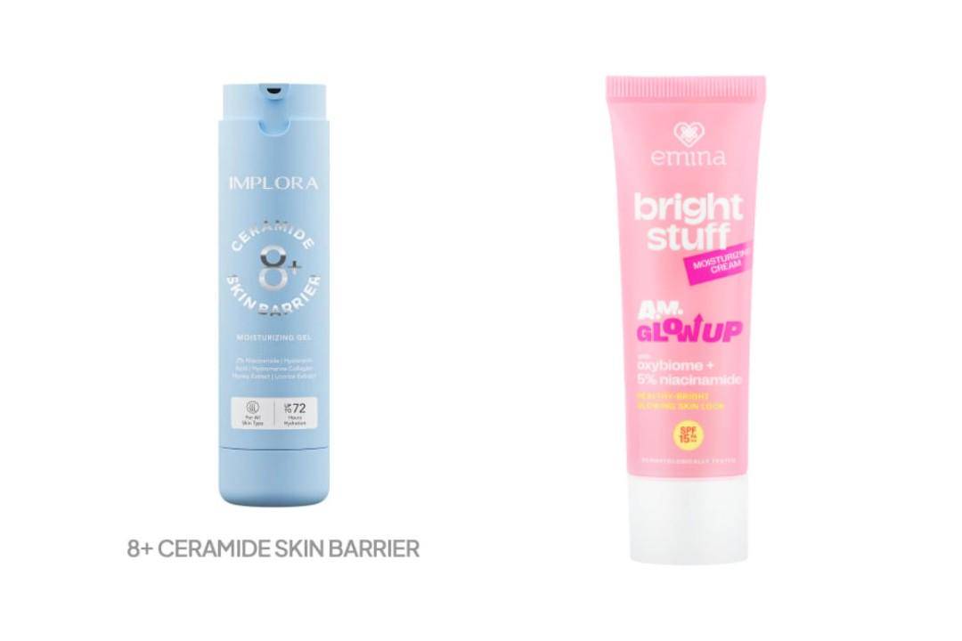 Implora 8+ Ceramide Skin Barrier Moisturizing Gel dan Emina Bright Stuff Moisturizing Cream (implora.co.id/Implora 8+ Ceramide Skin Barrier Moisturizing Gel | sociolla.com/Emina Bright Stuff Moisturizing Cream)