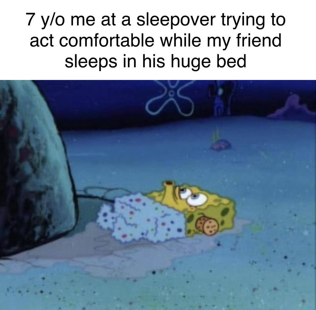 meme SpongeBob tentang menginap di rumah teman