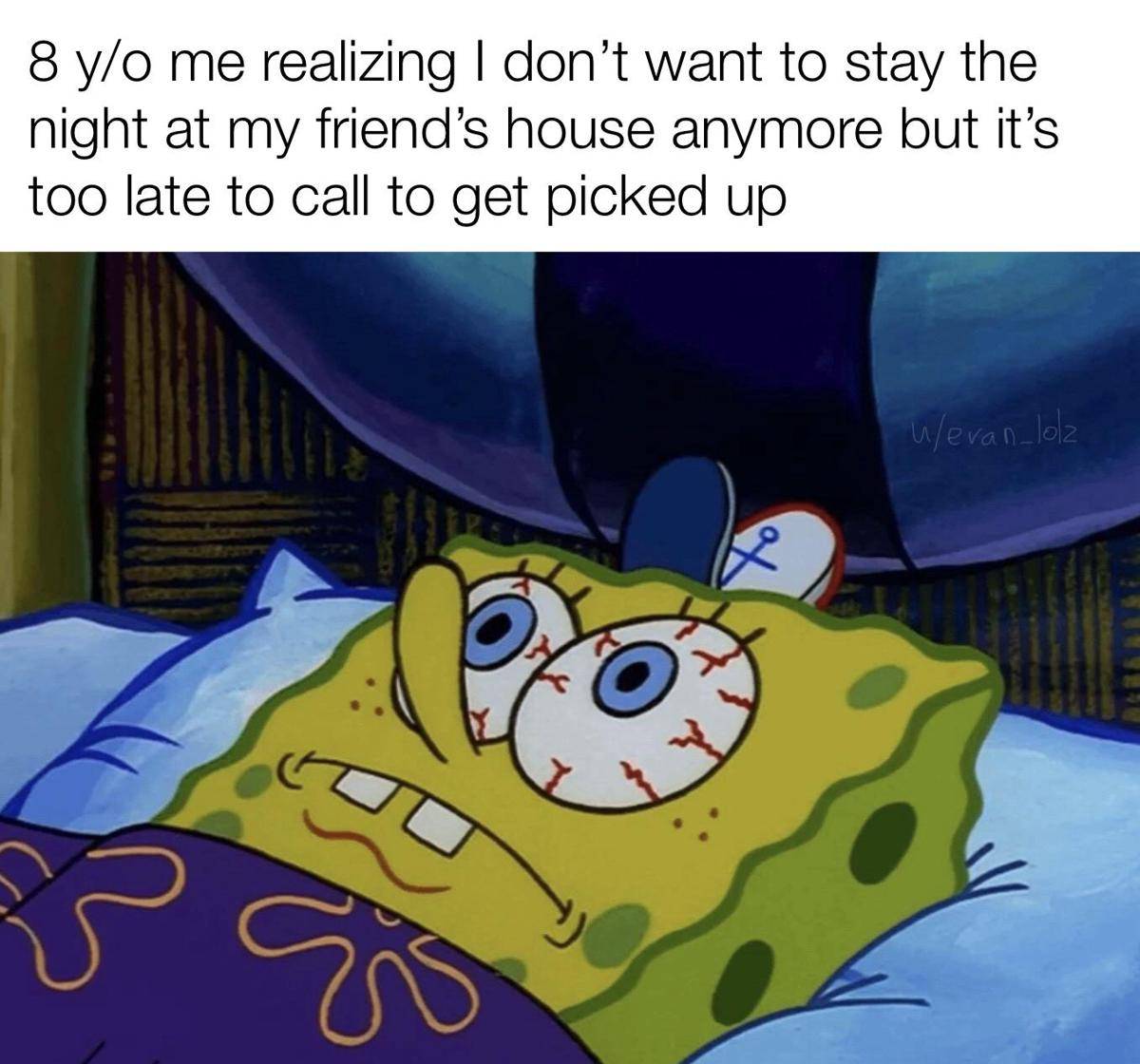 meme SpongeBob tentang menginap di rumah teman