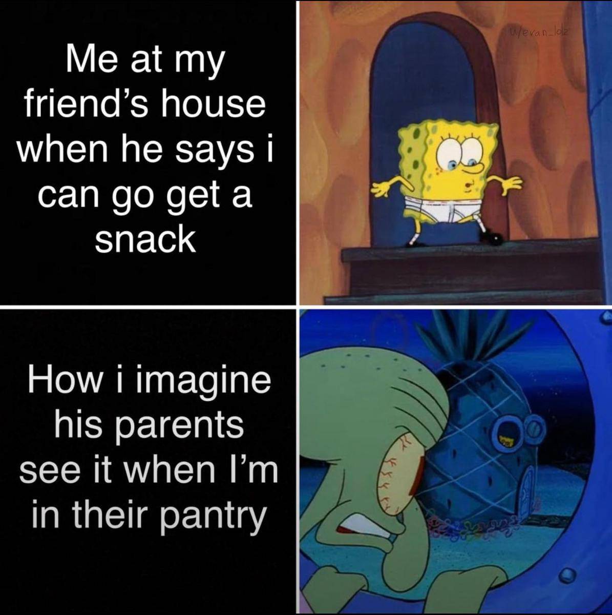 meme SpongeBob tentang menginap di rumah teman