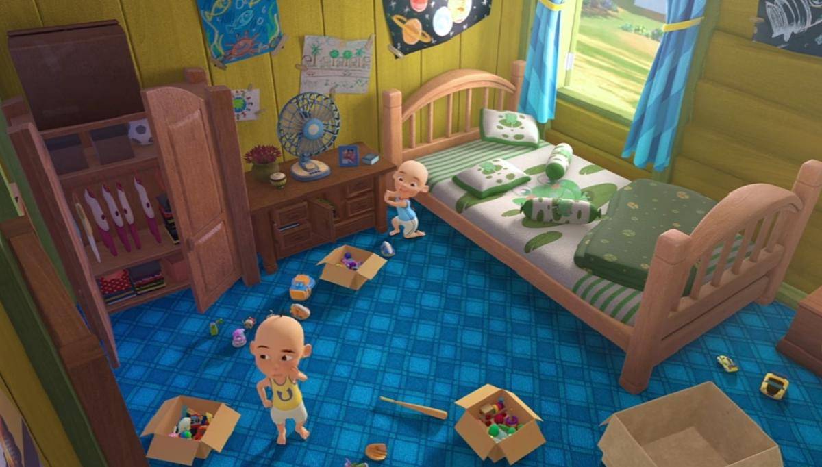 penempatan barang di kamar Upin dan Ipin yang cukup sesuai dengan tinggi badan mereka (dok. Les' Copaque Production/Upin & Ipin)