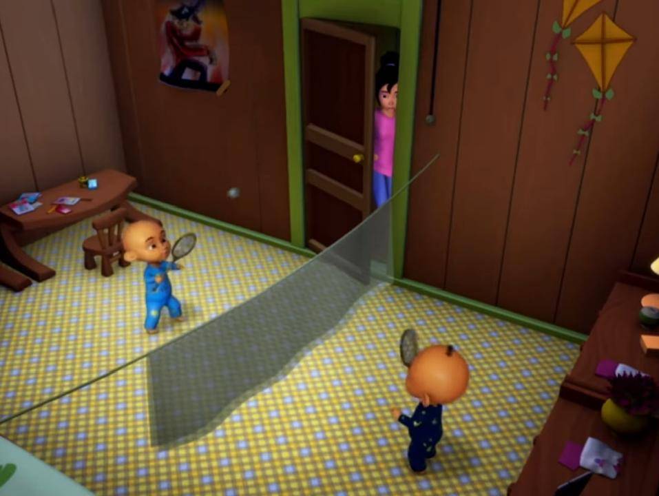 ukuran kamar Upin dan Ipin cukup luas hingga bisa digunakan sebagai arena bermain badminton (dok. Les' Copaque Production/Upin & Ipin)