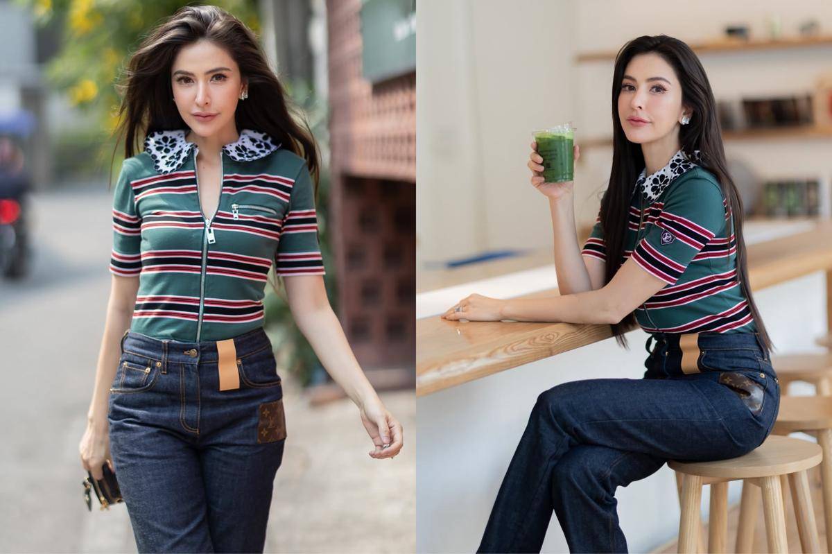 potret ide OOTD stripe pattern top ala Sririta Jensen