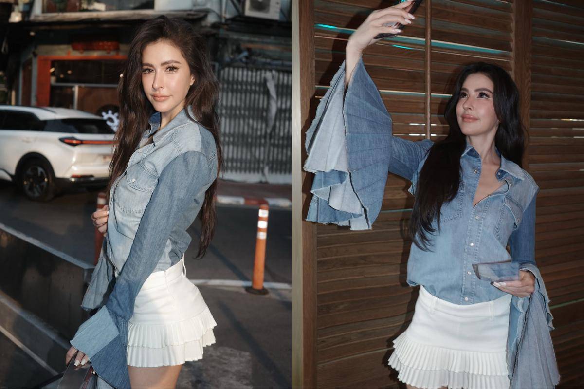 potret ide OOTD pakai kemeja denim ala Sririta Jensen
