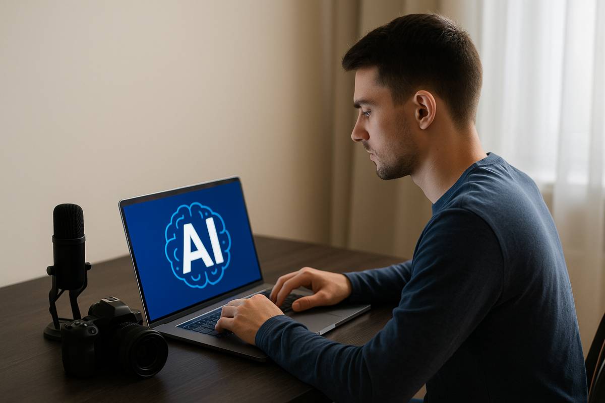 Seorang kreator konten memanfaatkan teknologi AI untuk mendukung proses kreatif, mulai dari menulis ide hingga produksi konten digital. | Sumber gambar: Ilustrasi AI (Generated via AI Image Generator, 2025)