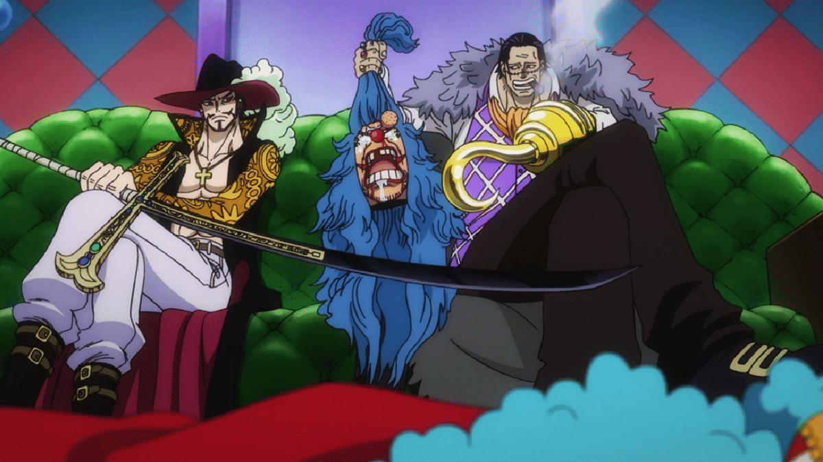 Buggy dihajar Mihawk dan Crocodile.