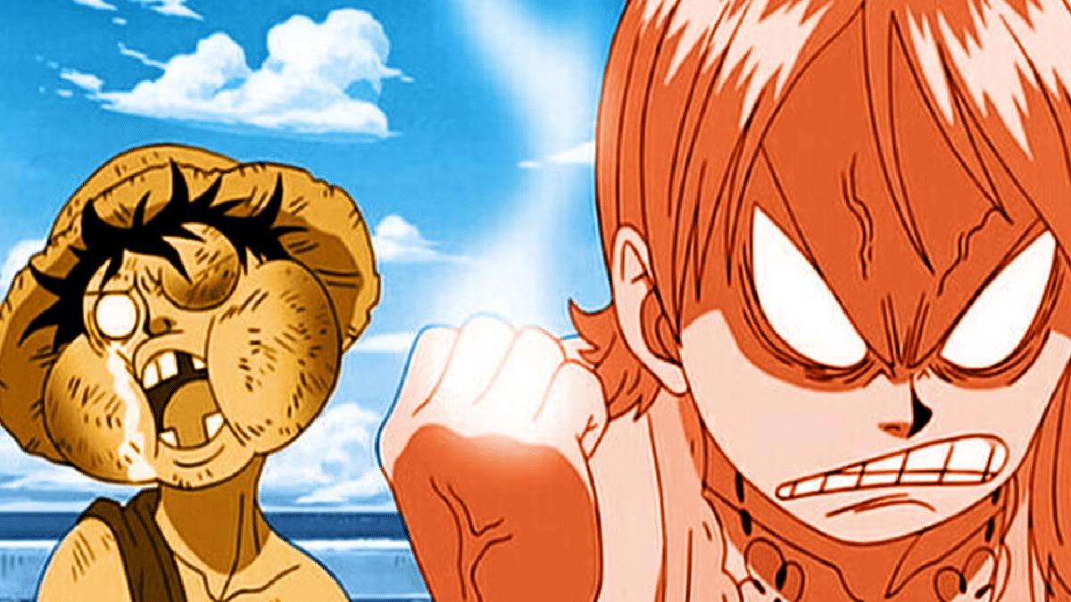 Nami menghajar Luffy.