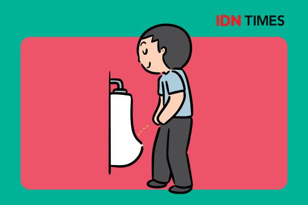 Ilustrasi laki-laki sedang buang air kecil di urinoir.