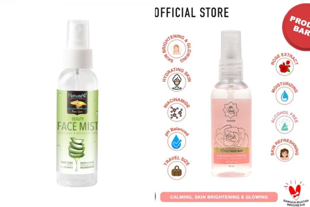 Herborist Beauty Face Mist Aloe Vera dan Viva Queen Rose Face Mist (review.soco.id/Herborist Beauty Face Mist Aloe Vera | enviostore.com/Viva Queen Rose Face Mist)