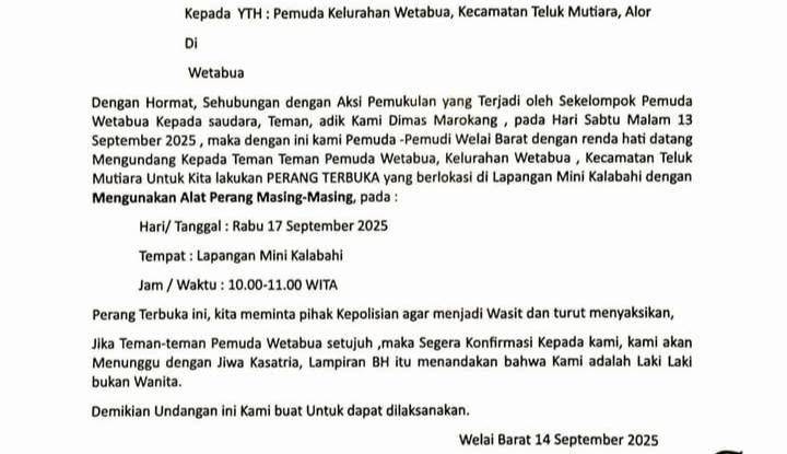 Tangkapan layar undangan perang terbuka di Alor. (Dok istimewa)