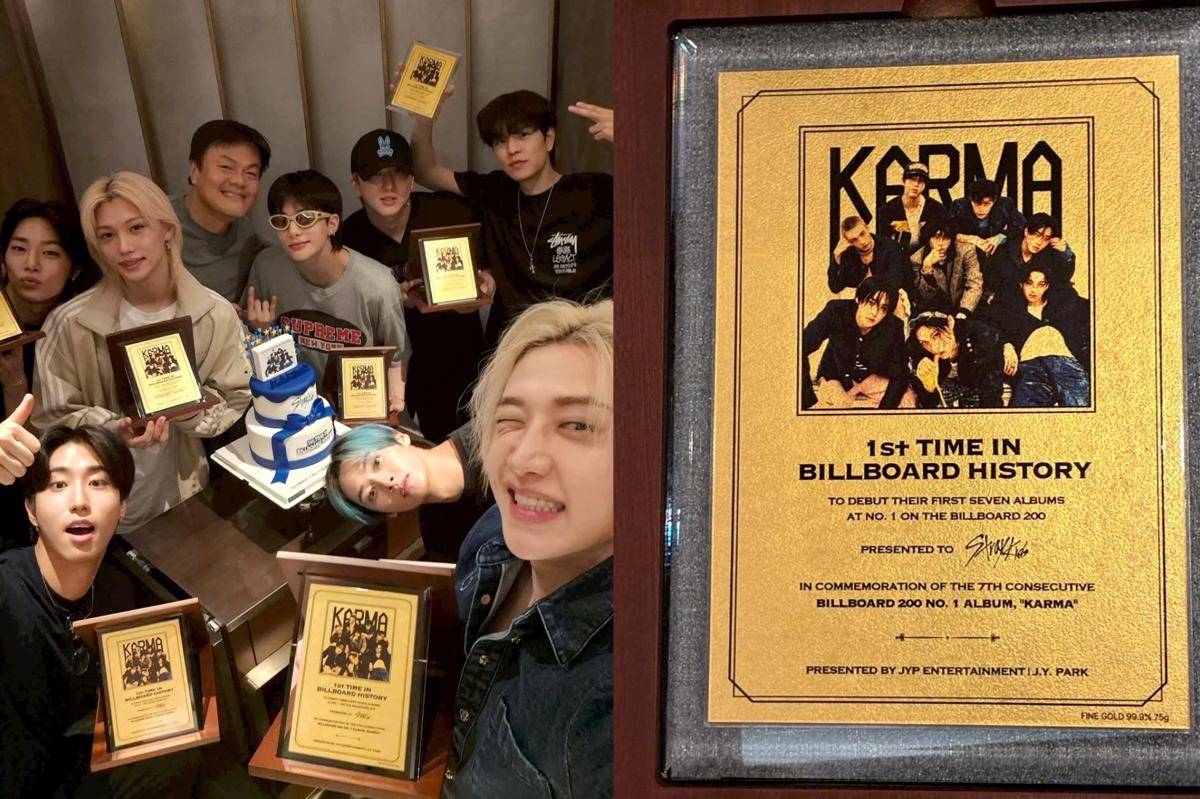 potret Stray KIds terima plakat emas dari JYP (instagram.com/realstraykids)